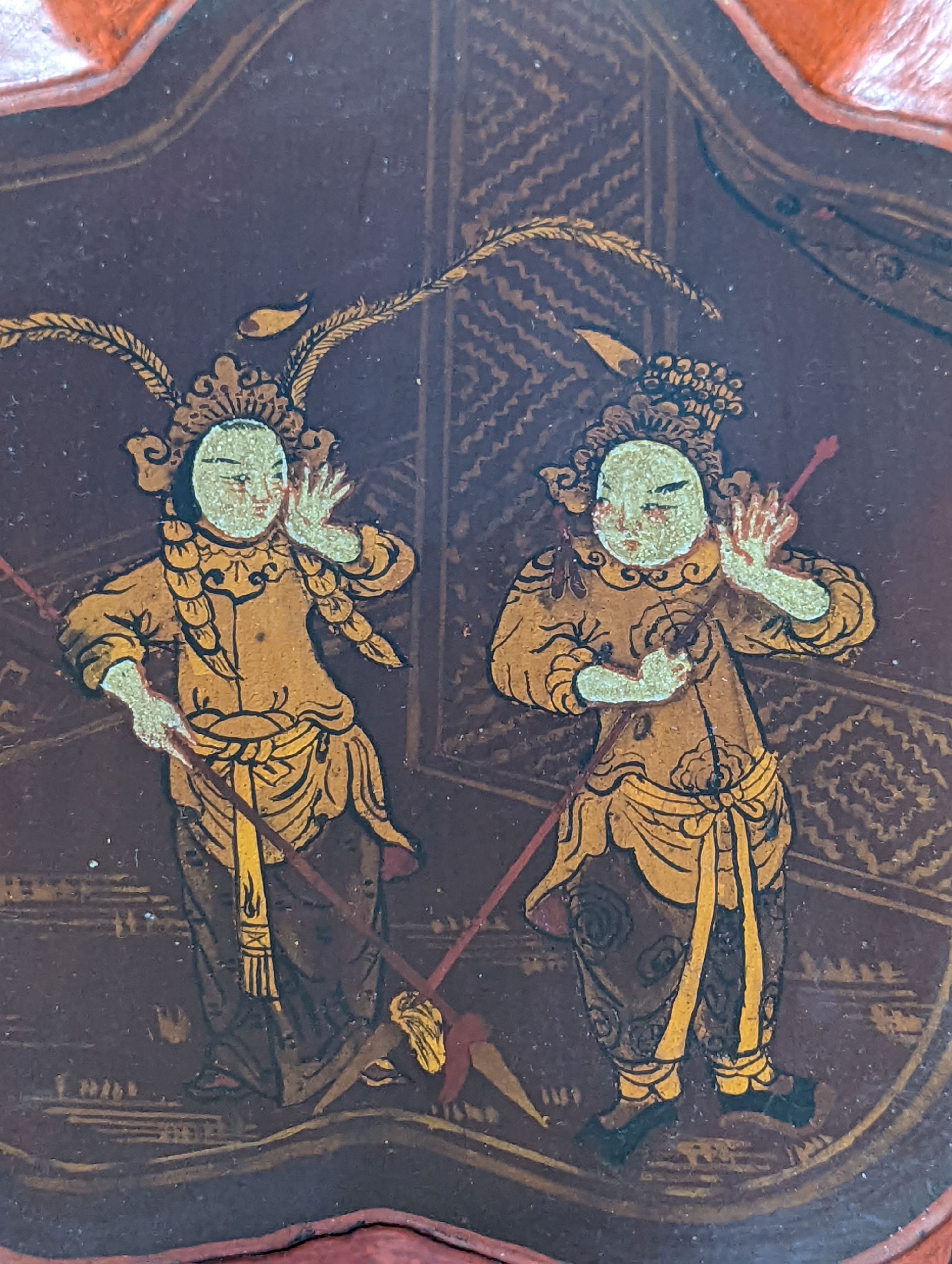 An Oriental lacquer 3 tier picnic box and similar dish, 26cm